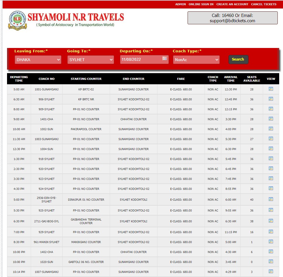 Shyamoli Paribahan Bus Schedule With Ticket Price
